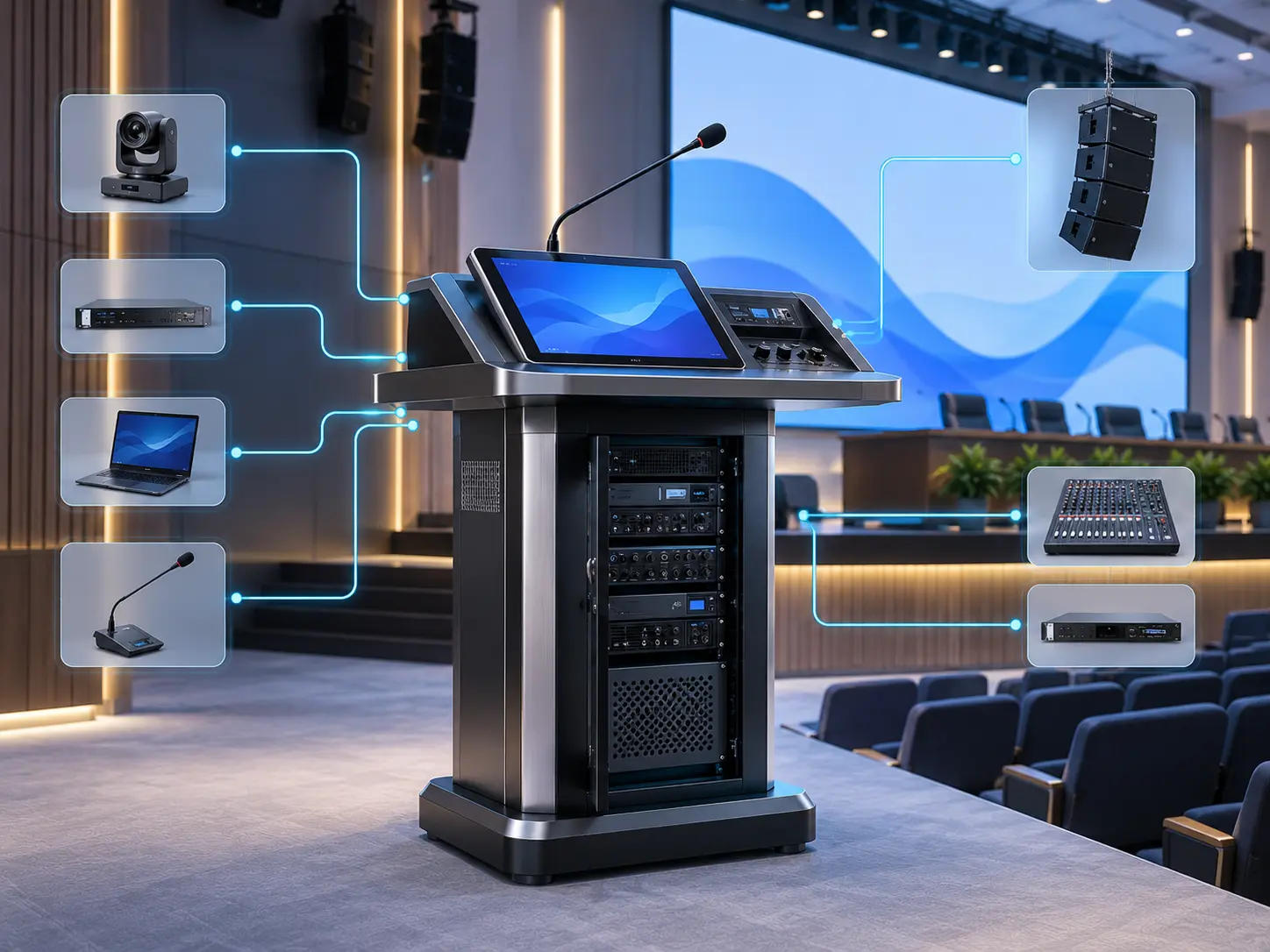 Professional digital podium connected with auditorium AV and broadcast equipment